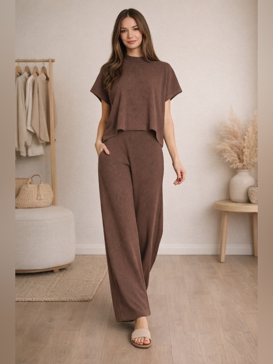 Zenana Outfitters Pants - NEW Zenana Brown Viscose Ribbed Matching Set Top & High Rise Pants Size Large